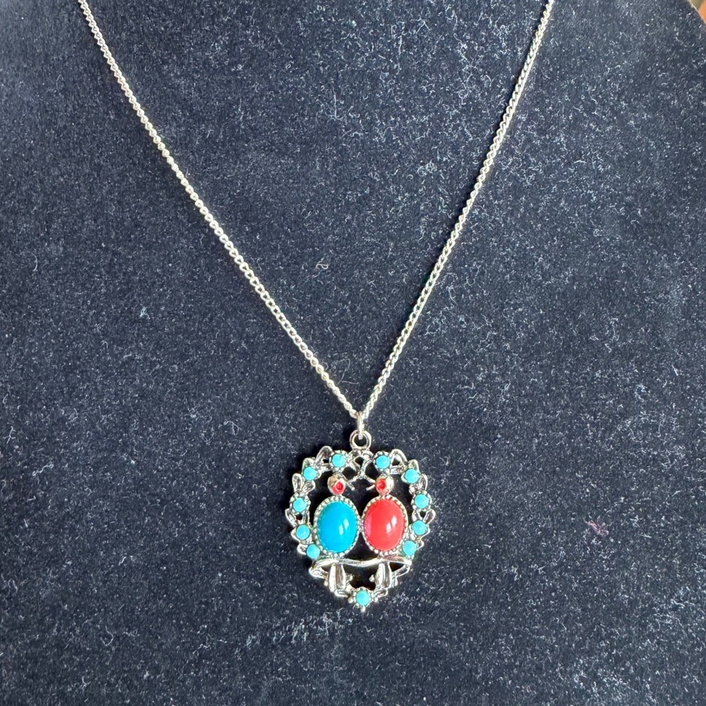 Vintage 1970s Silver Turquoise Red Love Birds Necklace Boho Kitsch OS Southwest